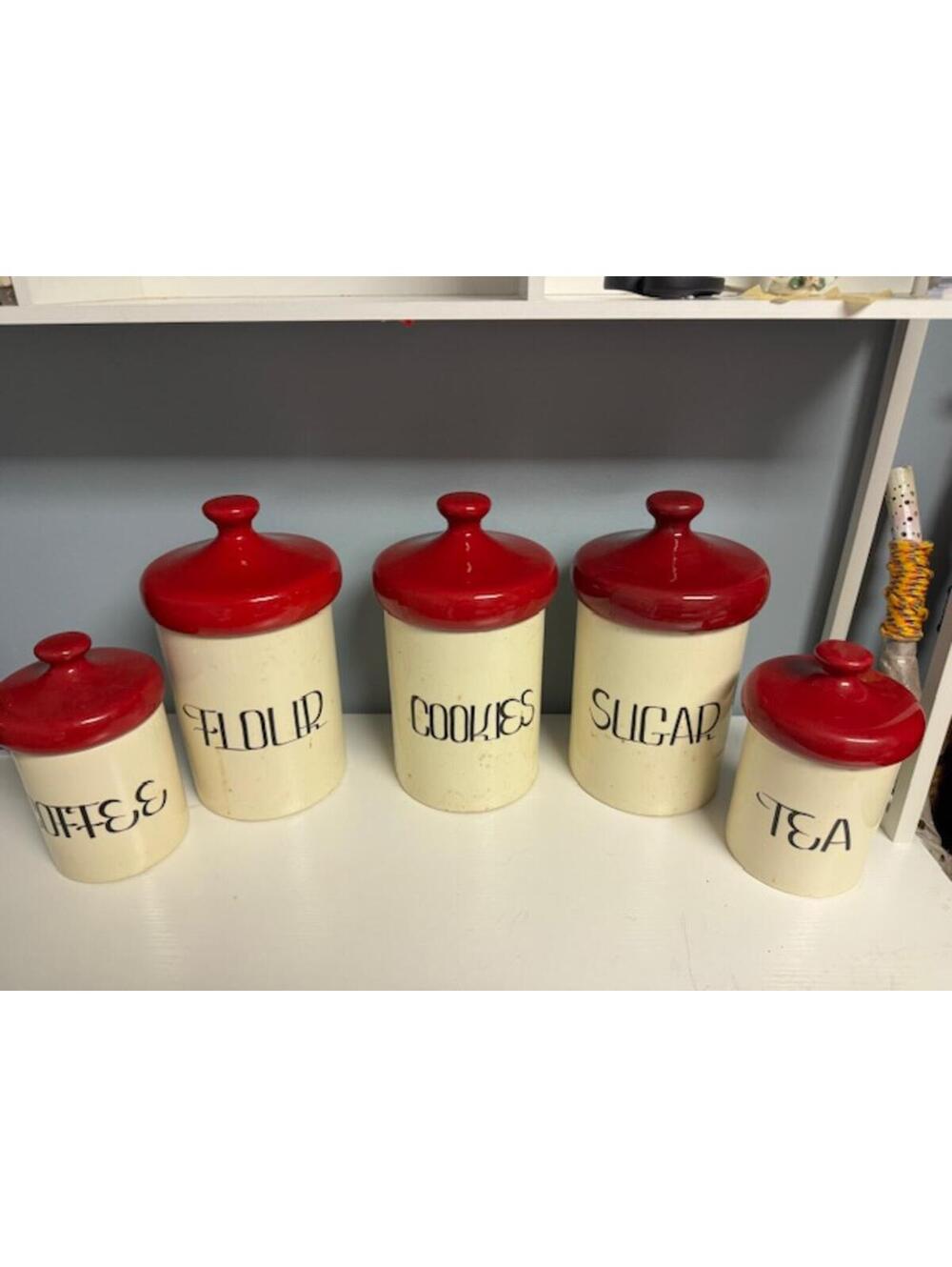 Vintage Style 5Piece Ceramic Canister Set Red Lids Cream Body Flour Sugar Coffee